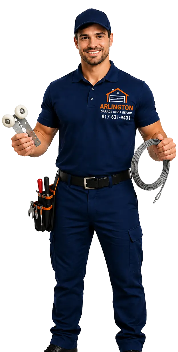 technician holding garage door rollers and replacement cable